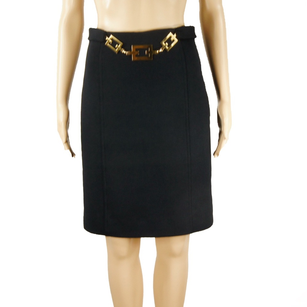 Milly of New York Black Gold Chain Accent Detail Wool Midi Skirt